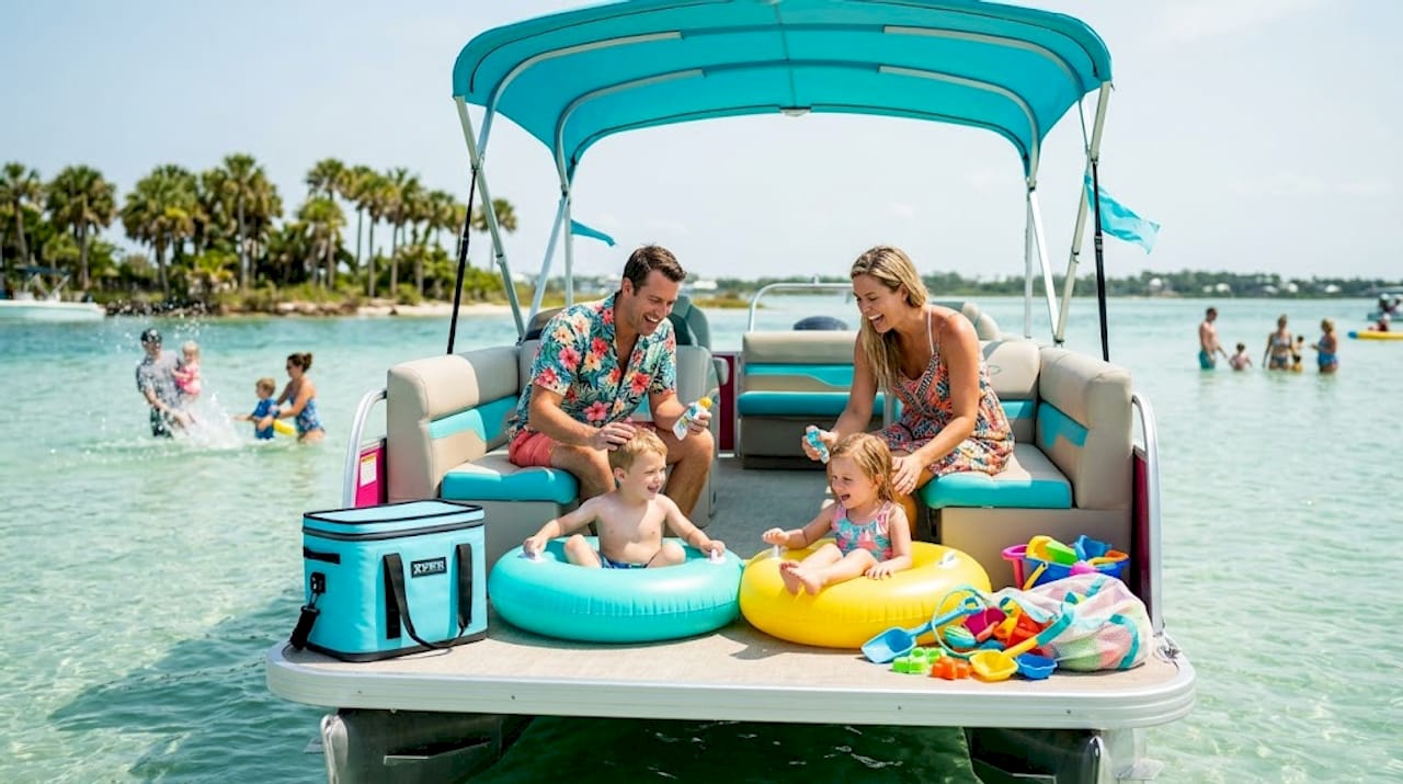 Family on boat at Crab Island with floaties