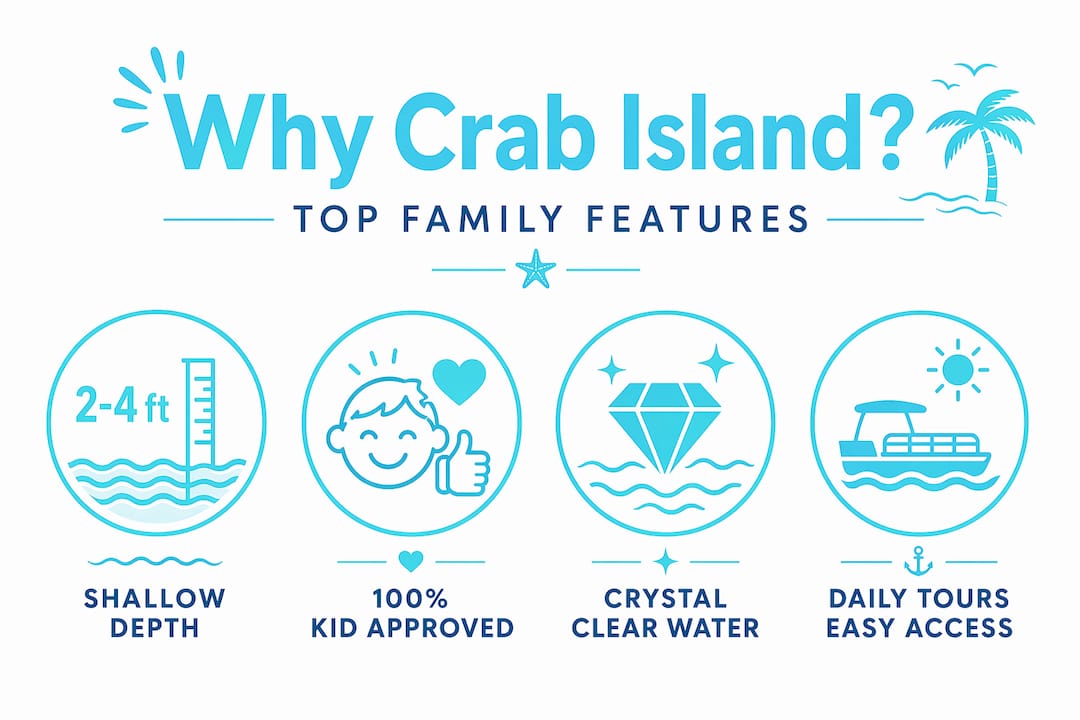 Infographic highlighting family friendly features at Crab Island
