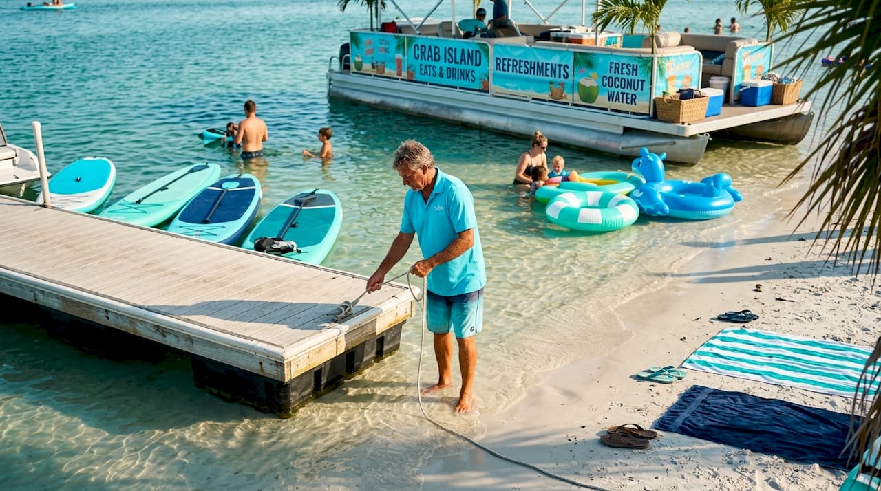 Boat captain ties rope on Crab Island sandbar