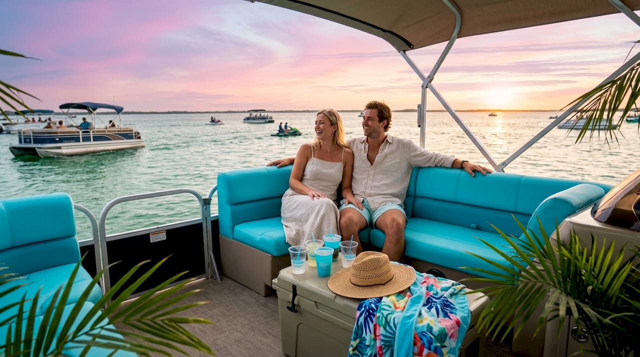 Couple on pontoon boat watching sunset