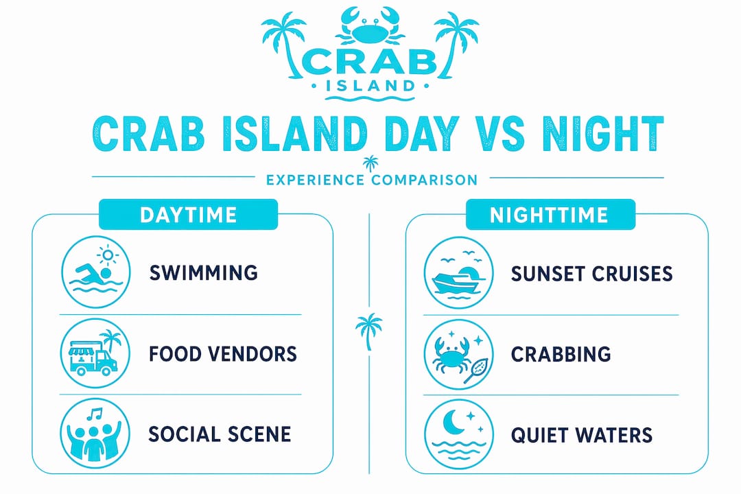 Crab Island infographic comparing daytime and nighttime