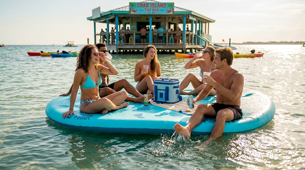 Friends relaxing on float at Crab Island