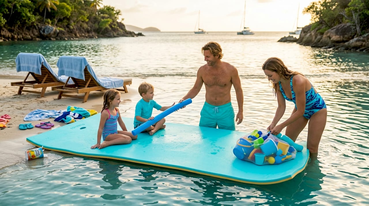 Family with kids enjoying float as base