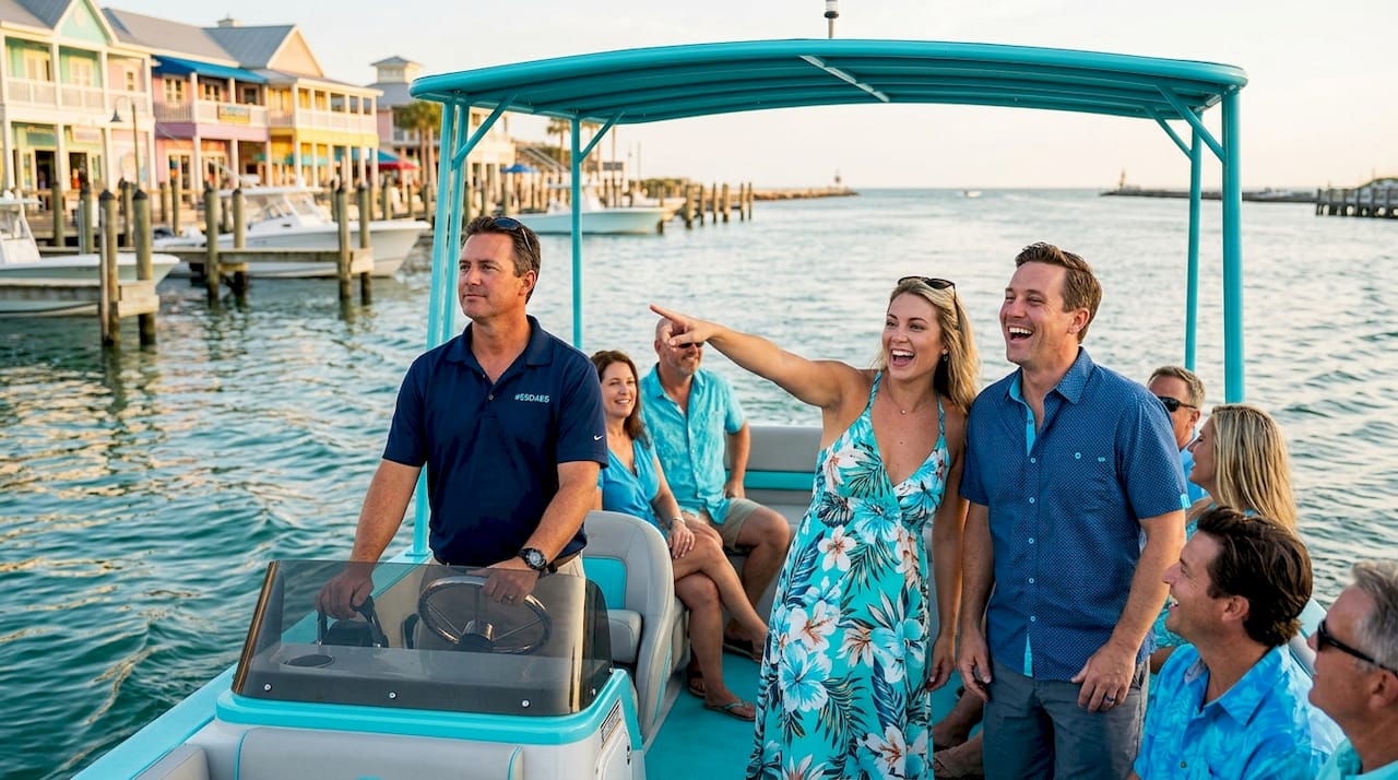 Boat departing Destin Harbor on morning tour
