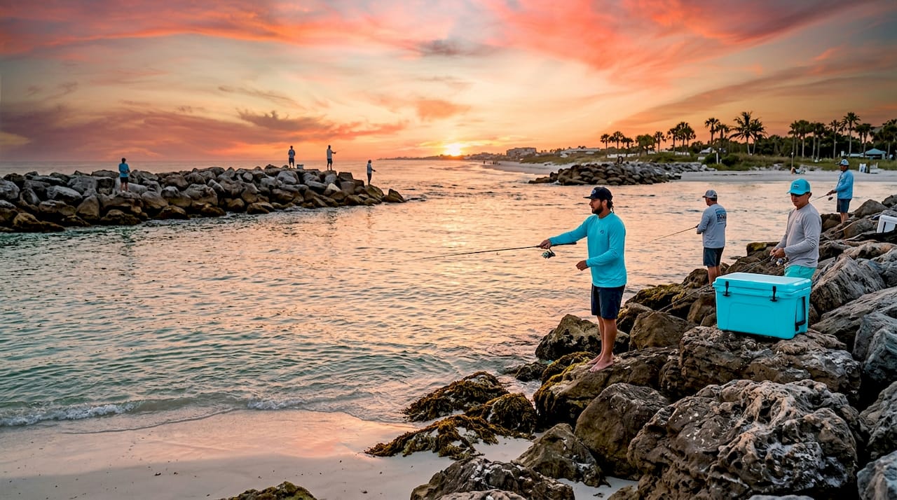 Anglers fishing on rocky jetties at Destin Pass
