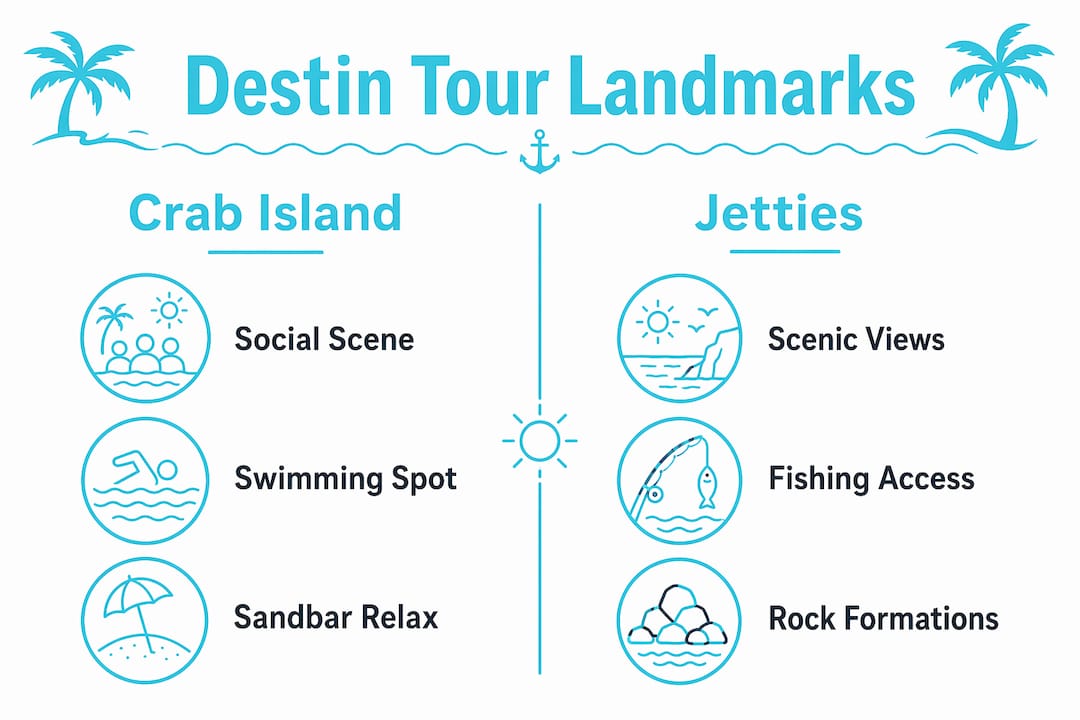 Infographic comparing Crab Island and Jetties features