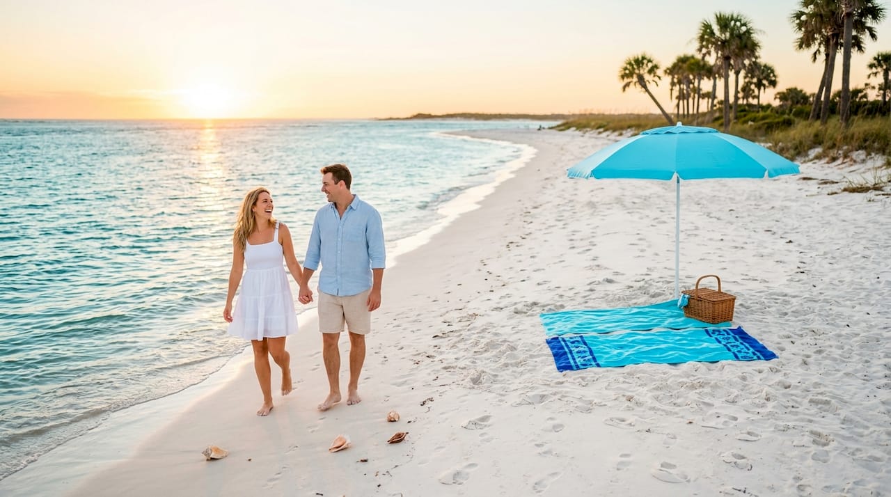 Couple walking hand-in-hand on Henderson Beach