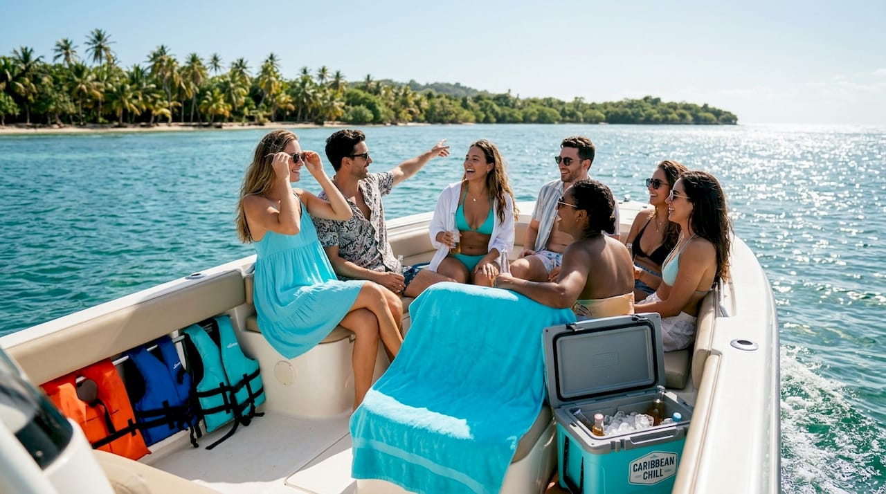 Group enjoying sunny boat tour on water