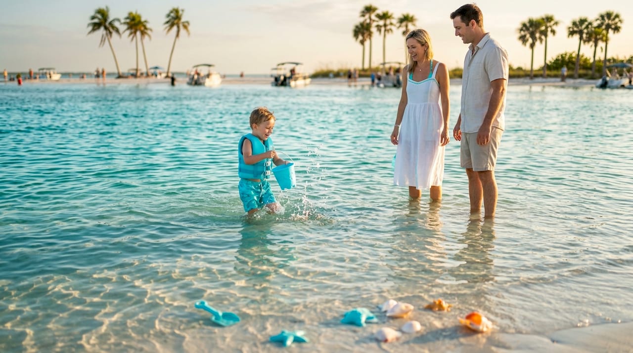 Family swimming and wading in shallow emerald water