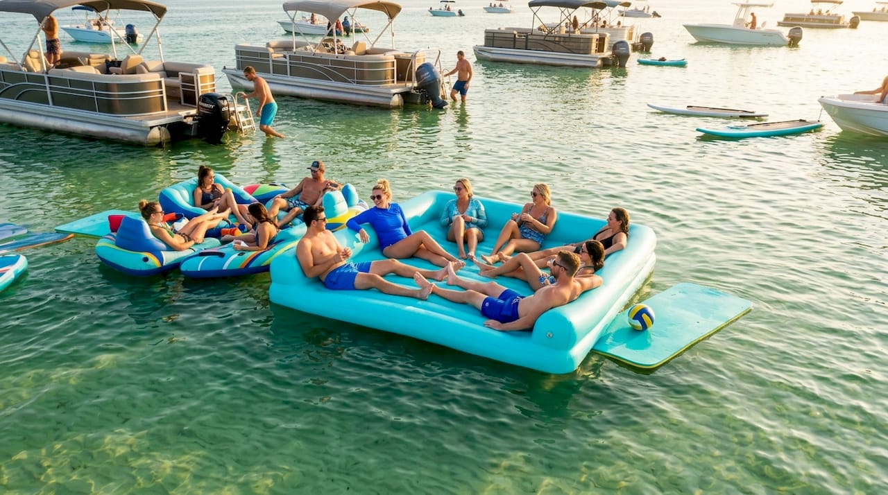 People floating on inflatables at Crab Island