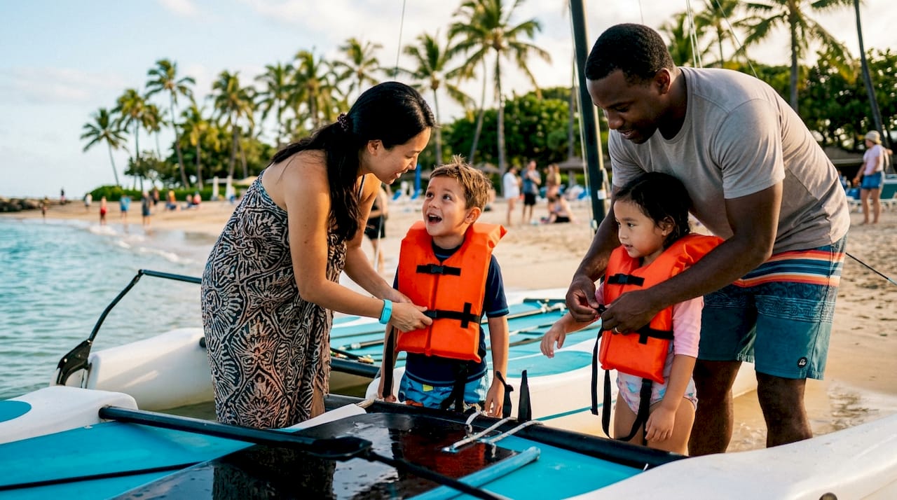 Family boarding kid-friendly boat with life jackets
