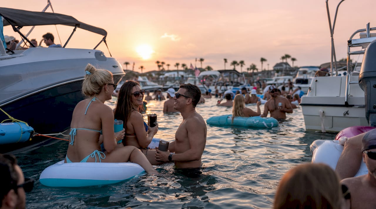 Wide view of floating block party at Crab Island