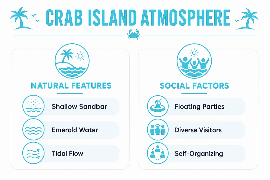 Infographic comparing natural and social features of Crab Island atmosphere