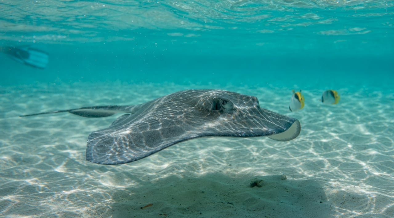 Southern stingray swimming in shallow waters