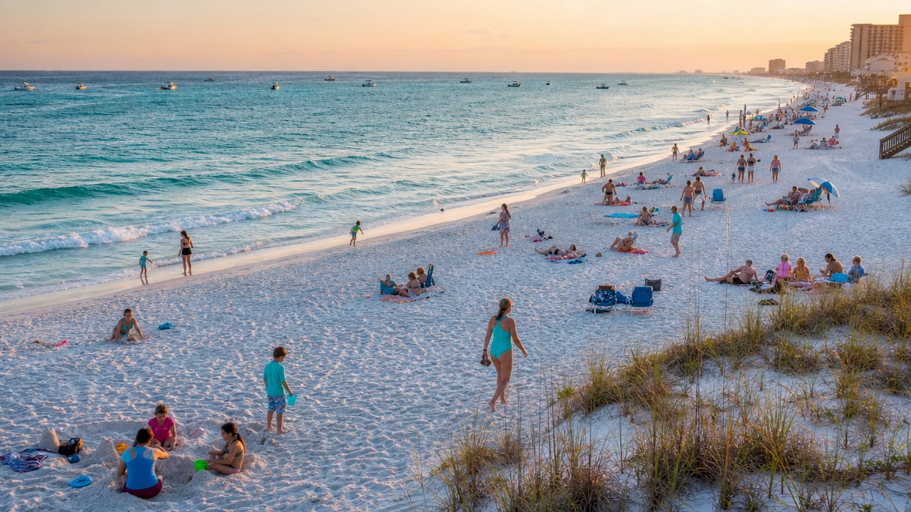 Aerial view of emerald water and white sand beach at Destin