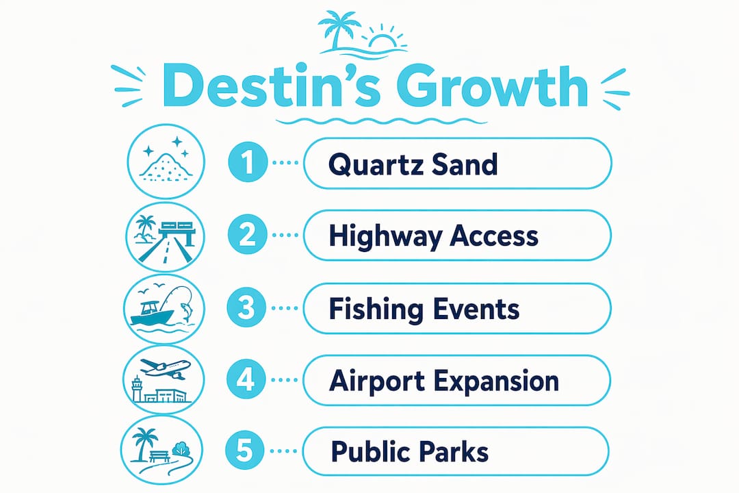 Infographic illustrating key factors in Destin’s growth as beach destination