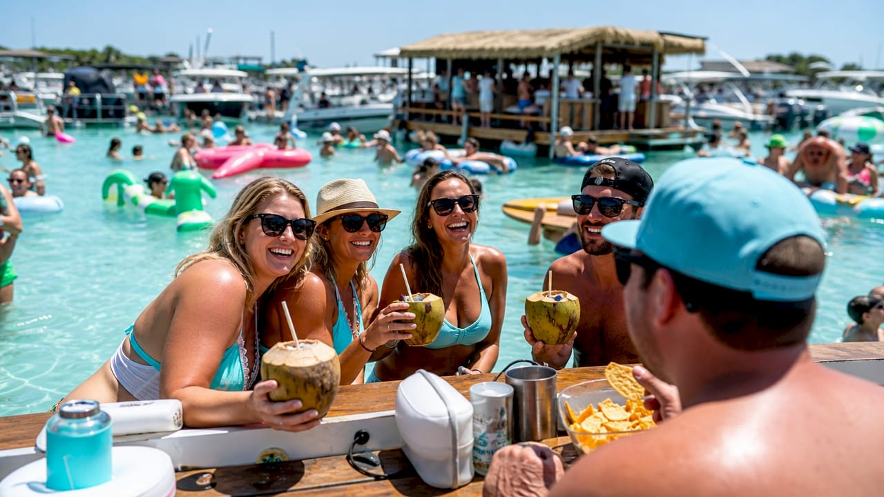 Crowd at Crab Island floating bar party on water