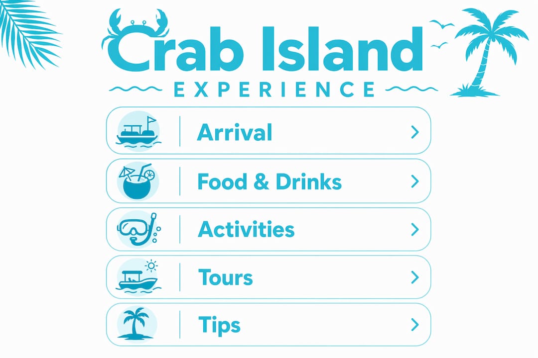 Infographic summarizing Crab Island floating bar experience