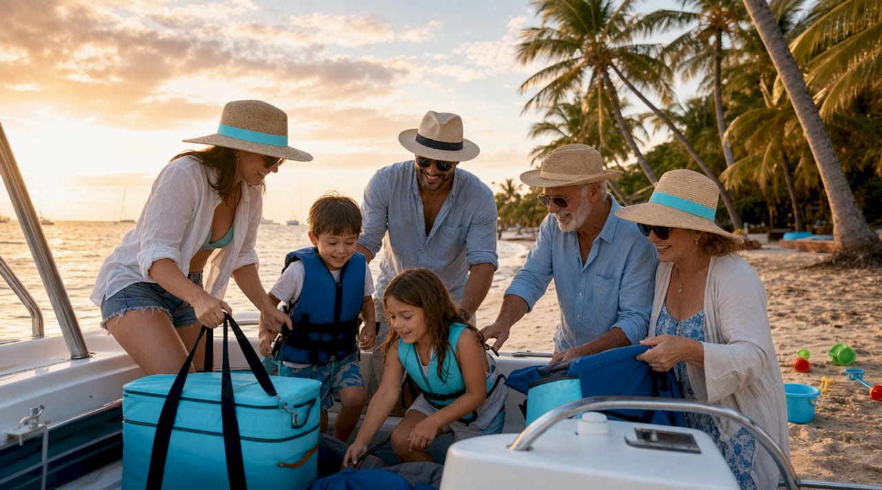 Family boarding private boat at marina dock