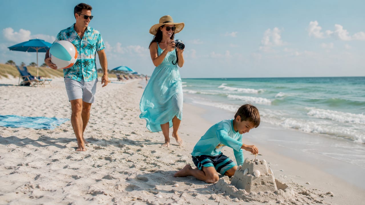 Family walking on Destin beach with sandcastle