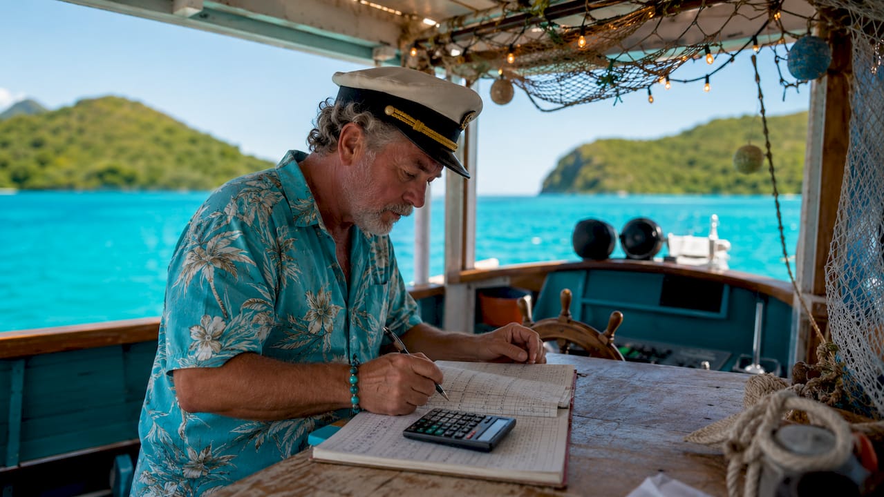 Boat captain calculating tour expenses on helm