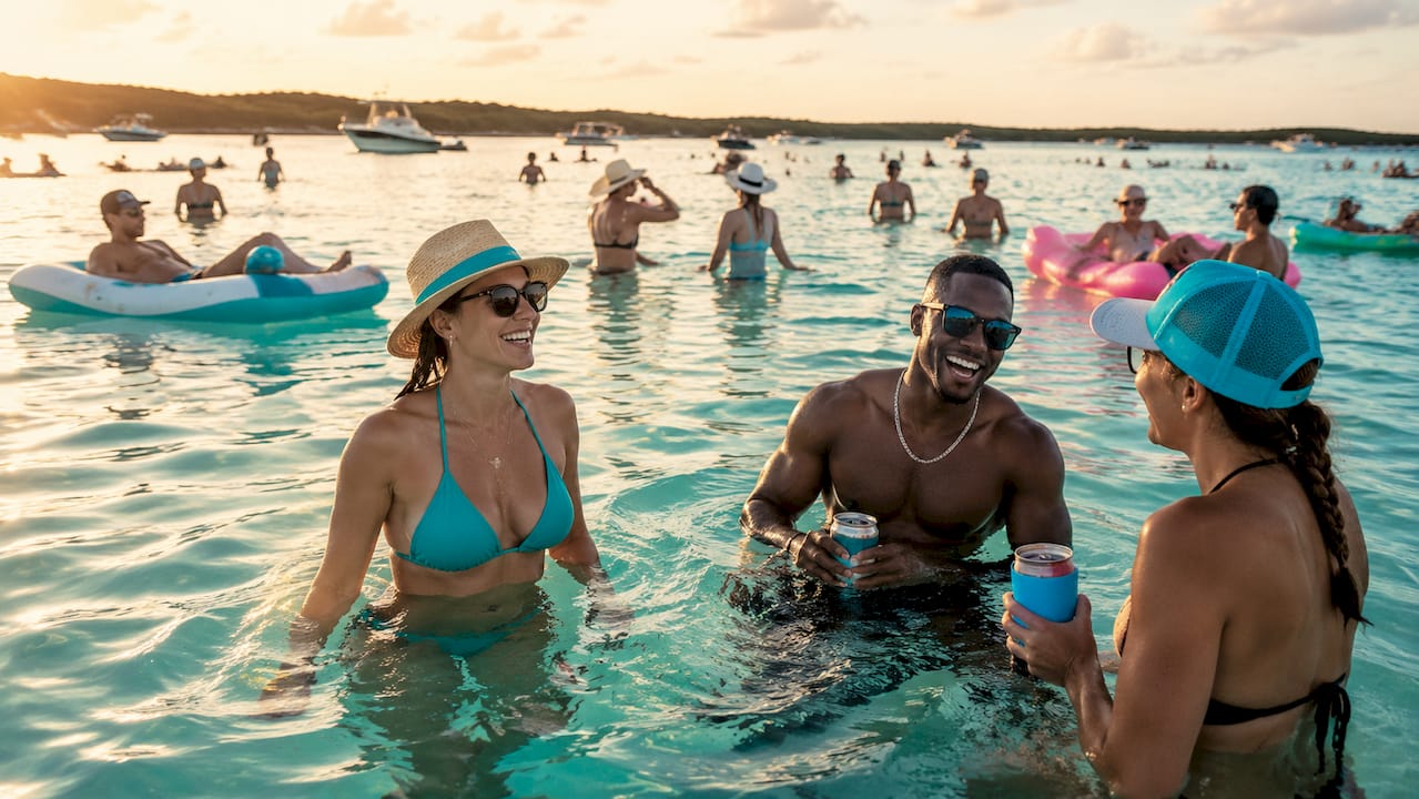 Visitors enjoying natural waters at Crab Island sandbar