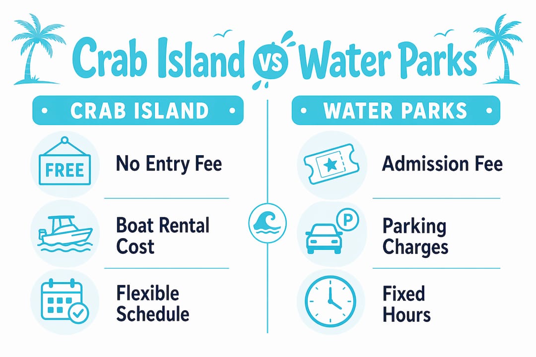 Infographic comparing Crab Island and water park costs