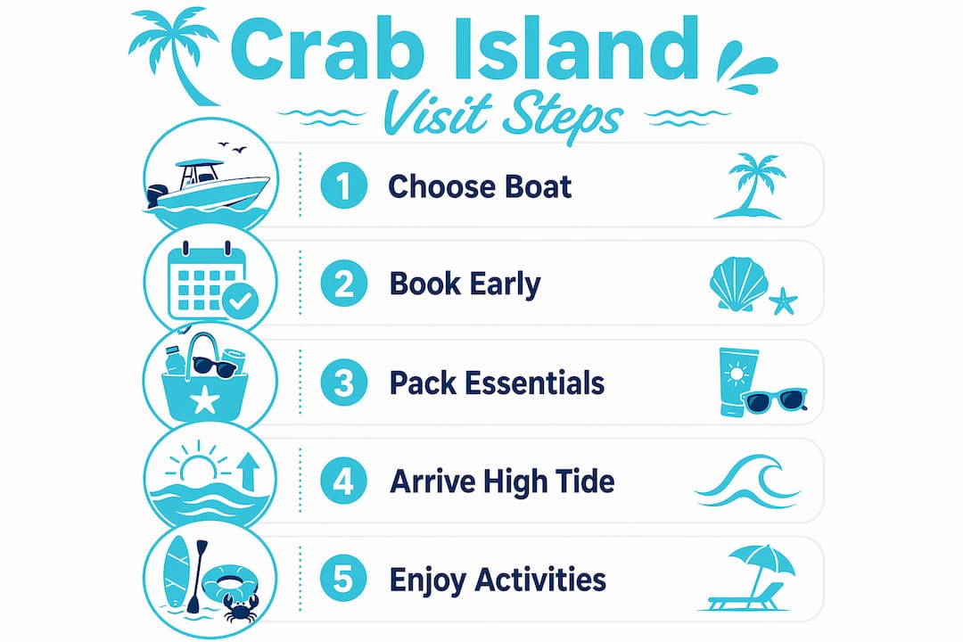 Infographic with step-by-step Crab Island visit guide