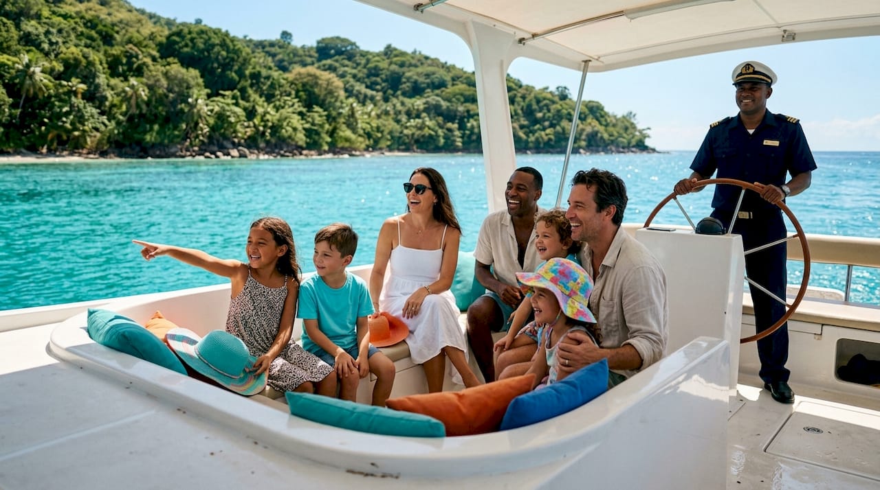 Family enjoying captained boat tour outdoors