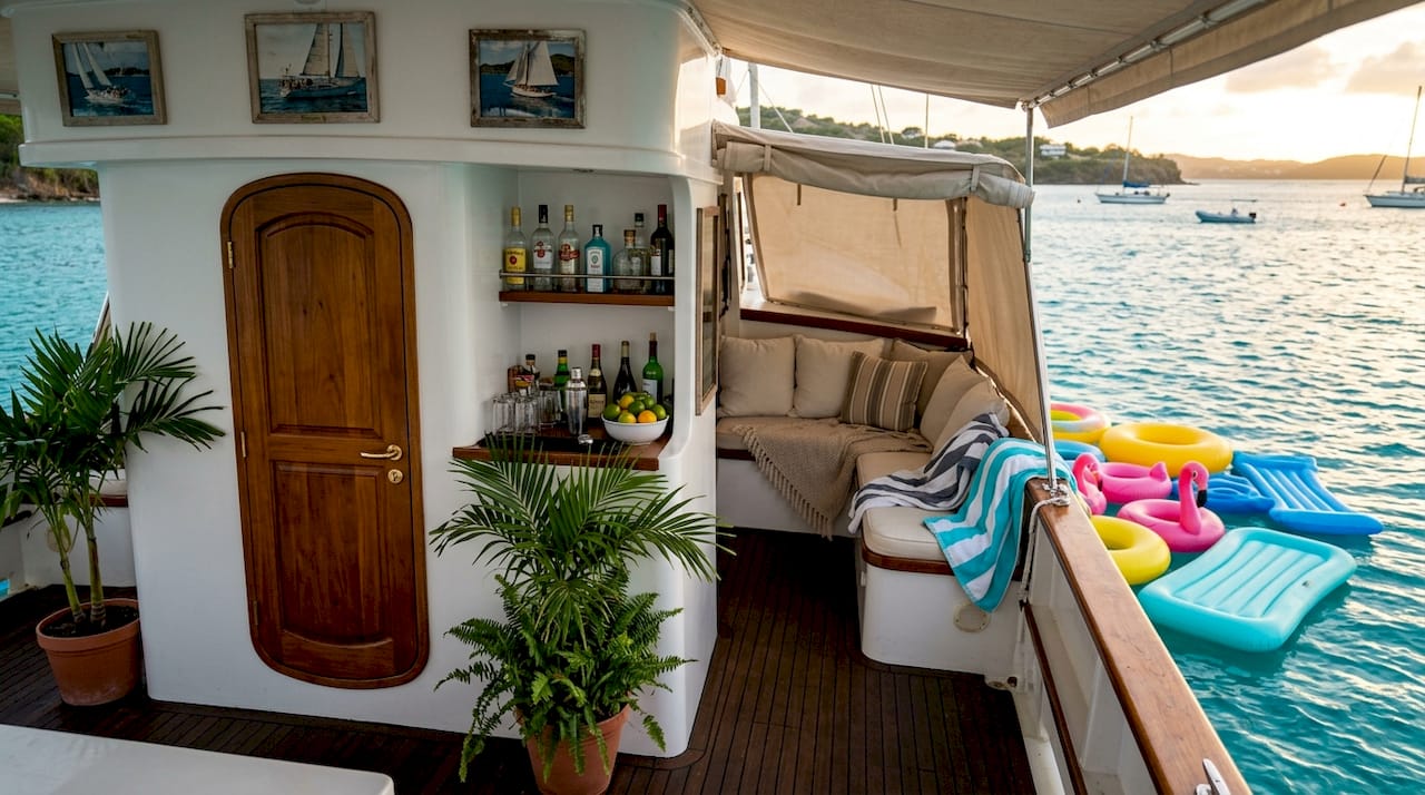 Boat deck showing amenities and floats