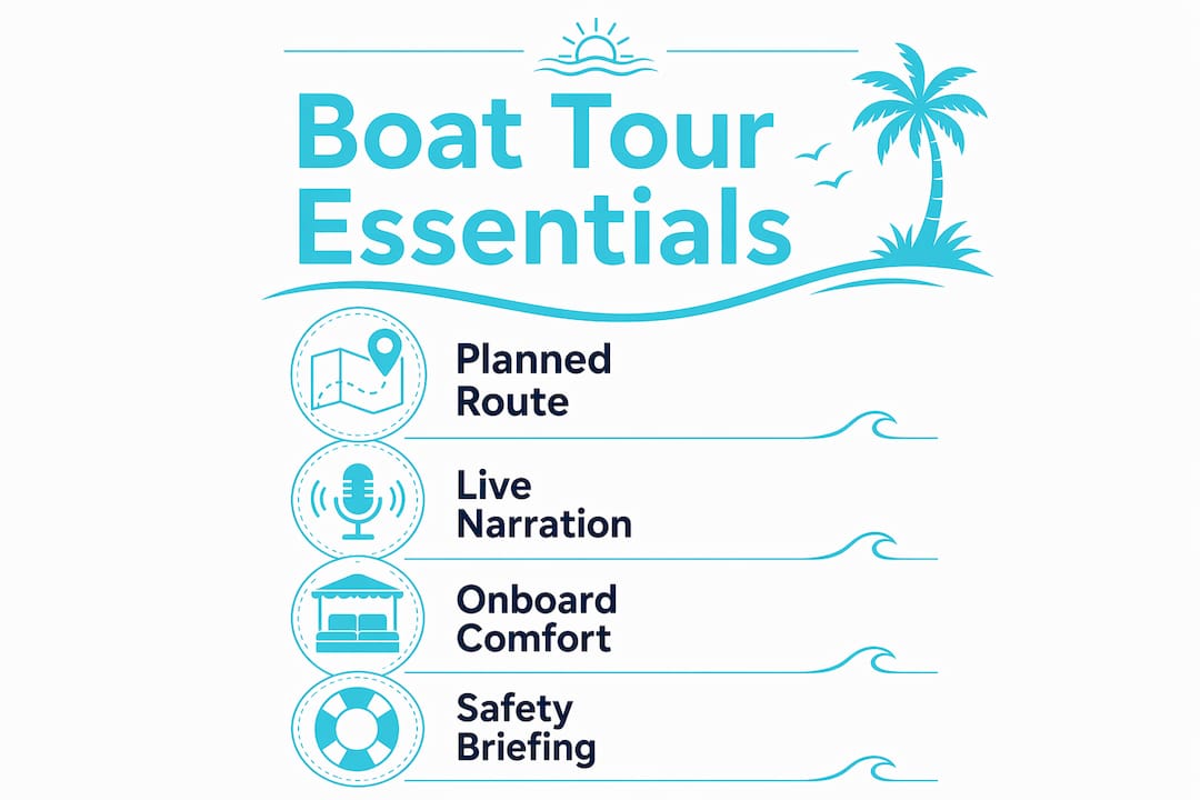 Infographic illustrating core boat tour features