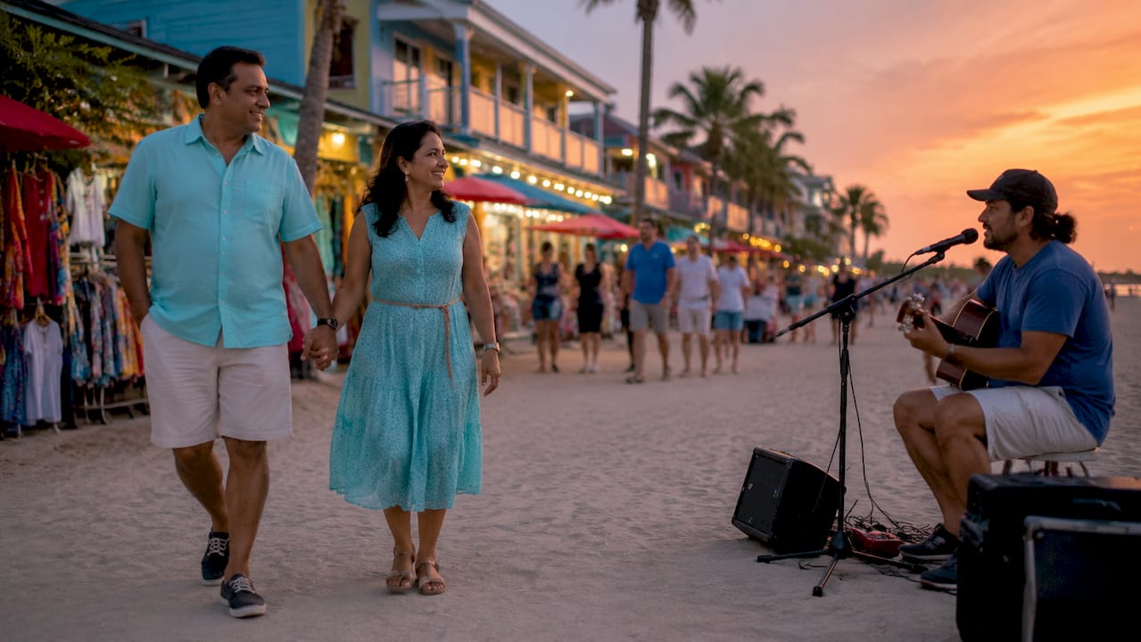 Couple walking through quaint Destin beach town