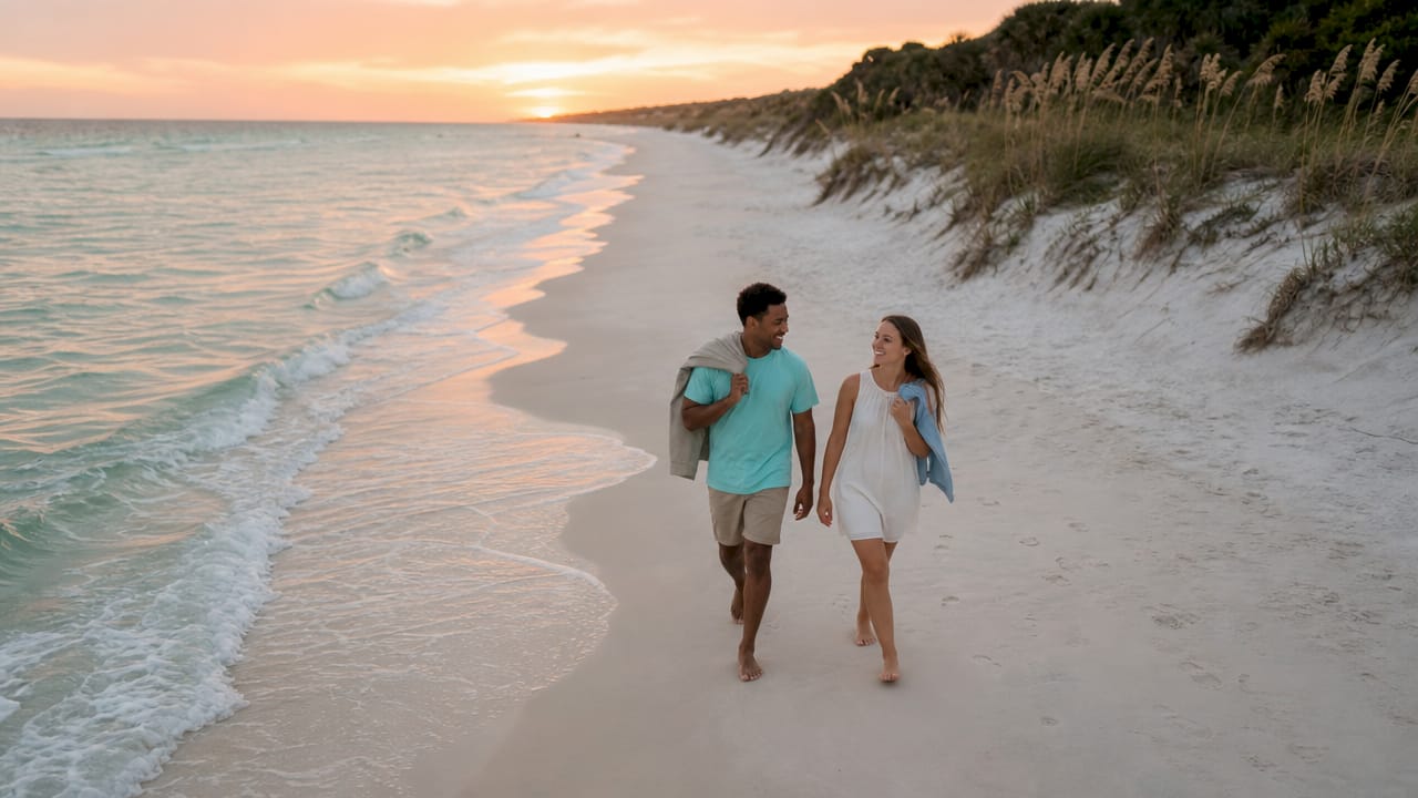 Couple walking on beach at sunset in Destin