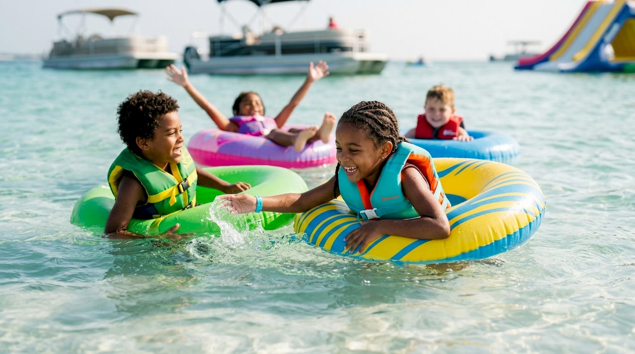 Children floating on tubes in shallow water