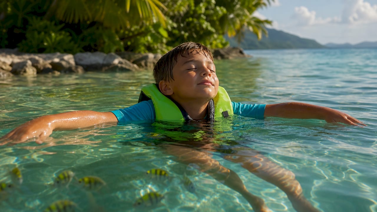 Young boy relaxed floating in shallow water