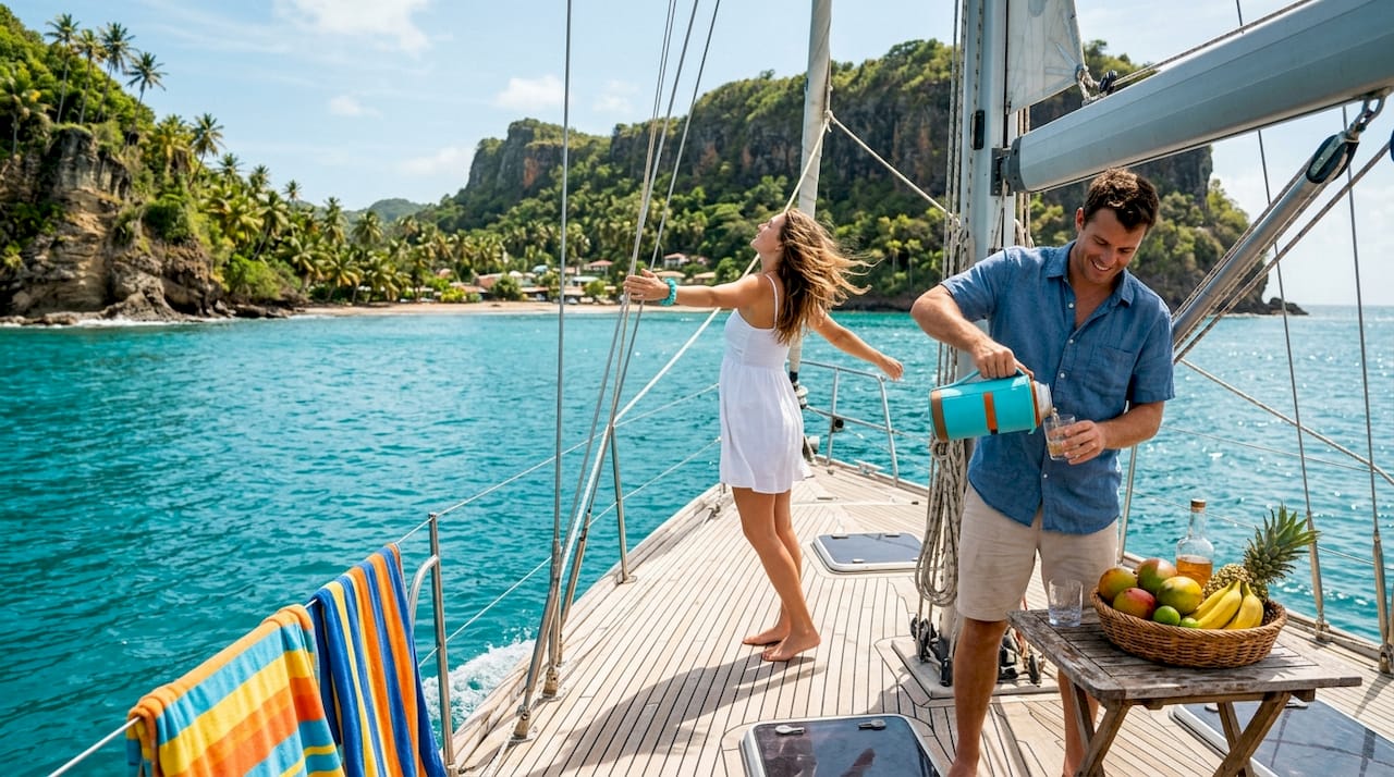 Couple enjoying scenic private boat trip