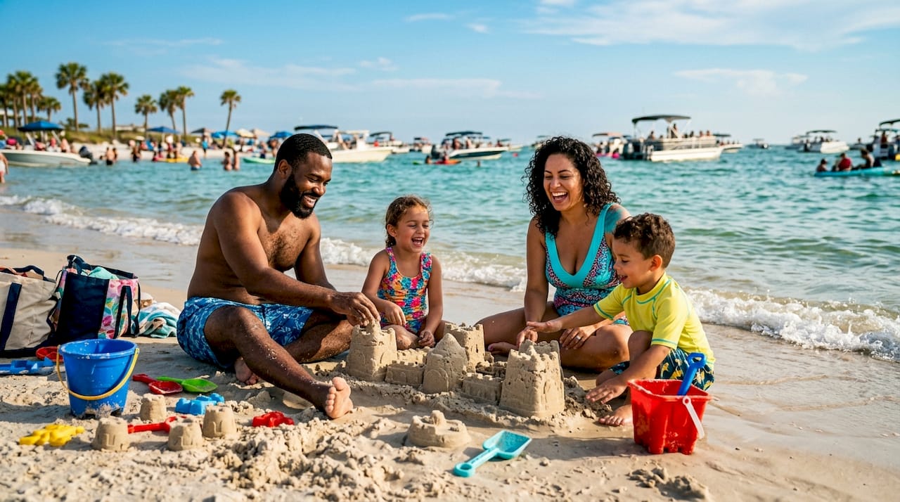 Family playing on shallow sandbar at Crab Island