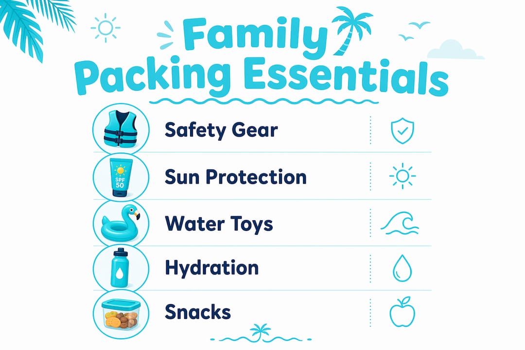 Infographic showing essential packing items for Crab Island family visit