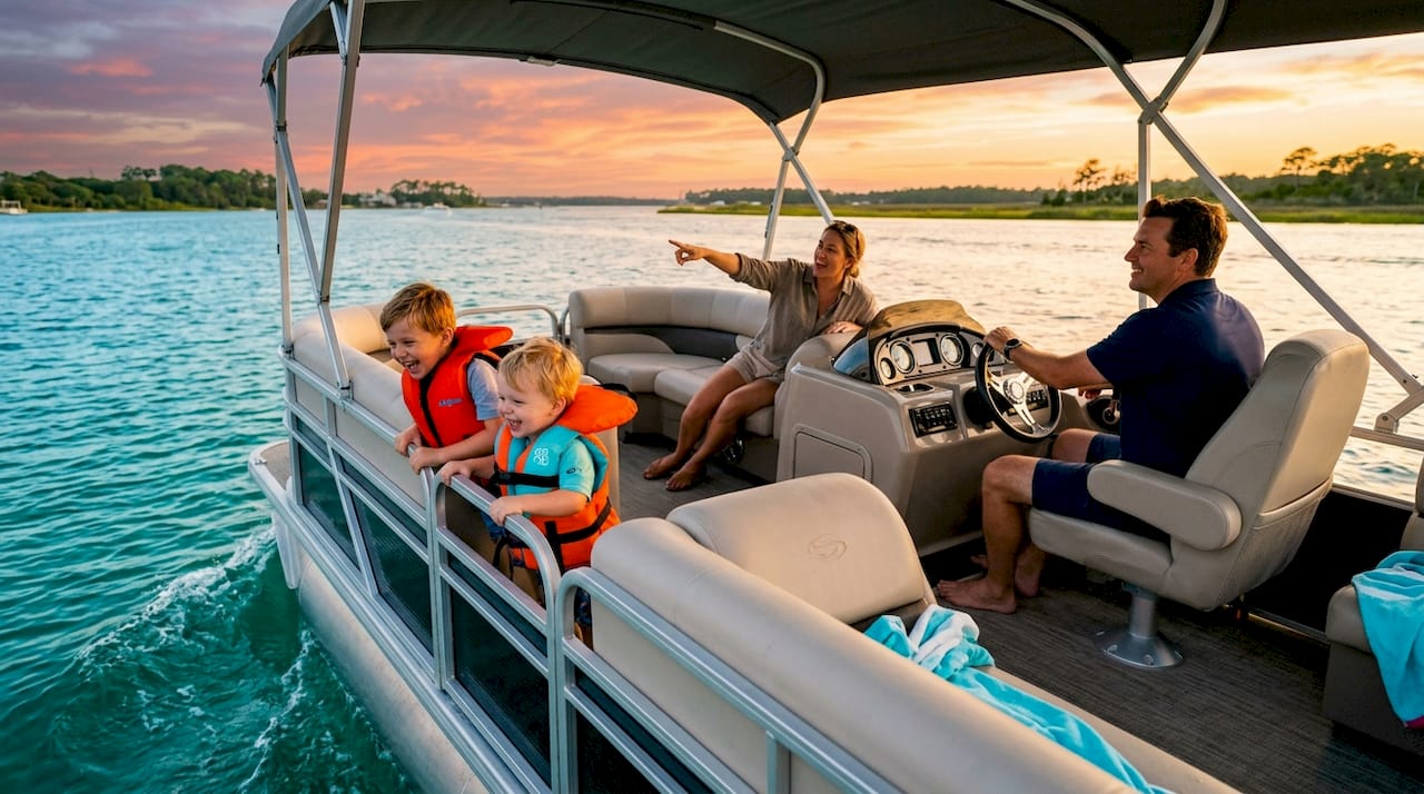 Family enjoying pontoon boat cruise Destin