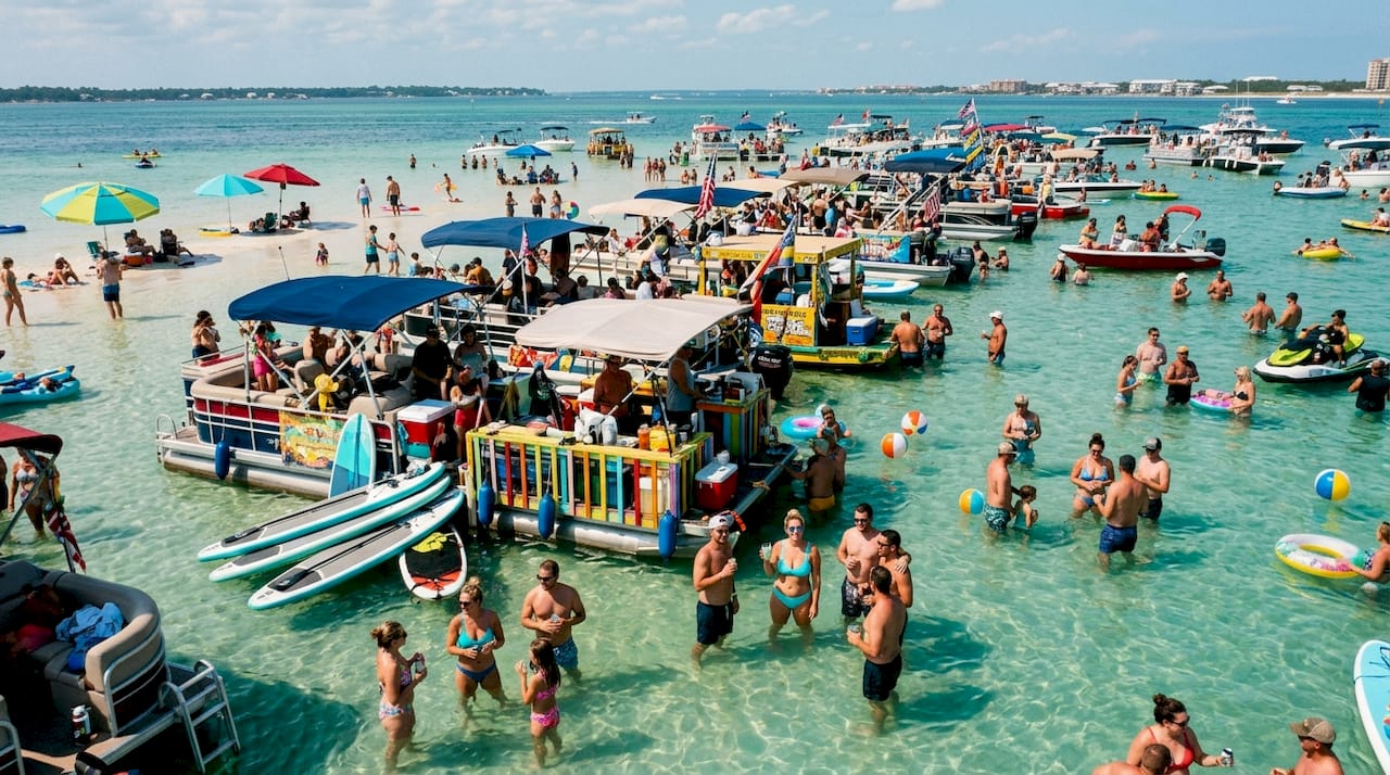 Busy Crab Island floating market boats and swimmers