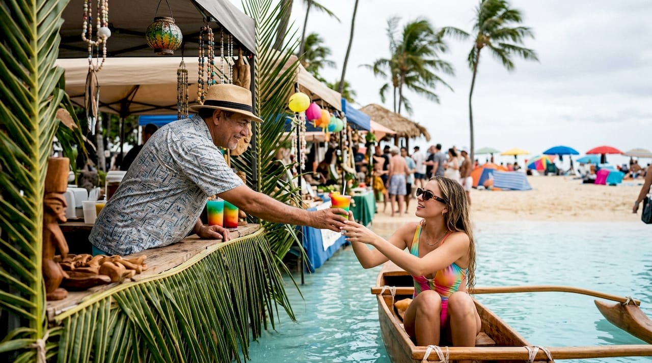 Vendor selling goods to visitor from boat at Crab Island