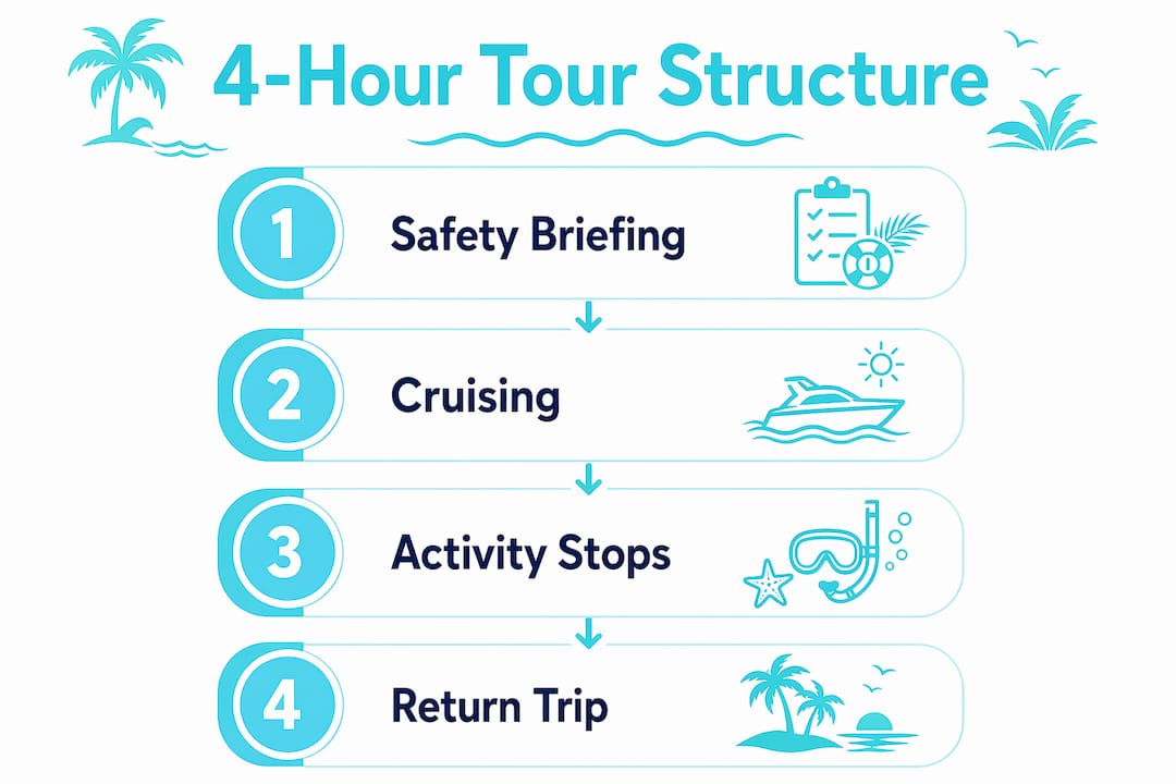 Infographic outlining four steps of a 4-hour boat tour