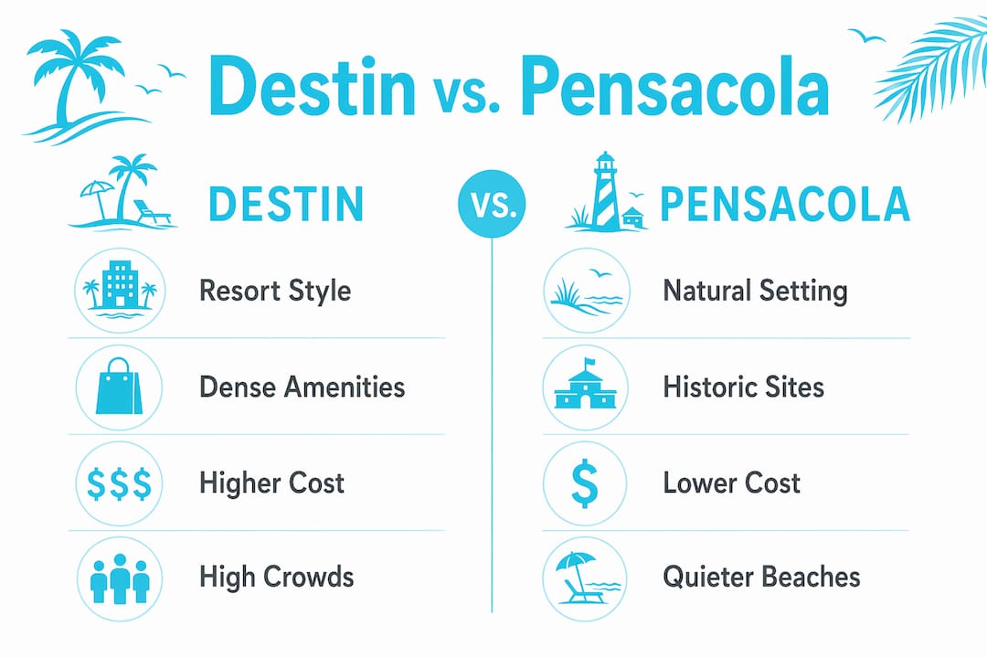 Infographic comparing key features of Destin and Pensacola Beaches