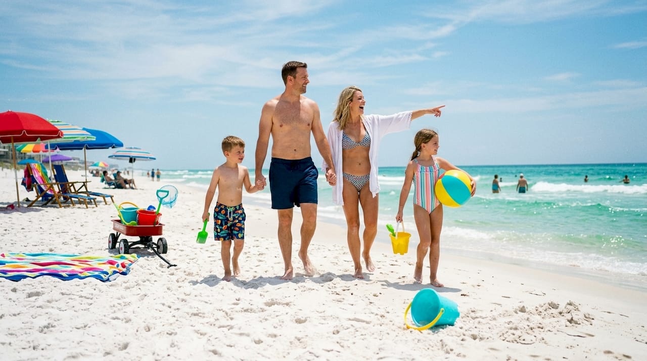 Family walking on busy Destin resort beach