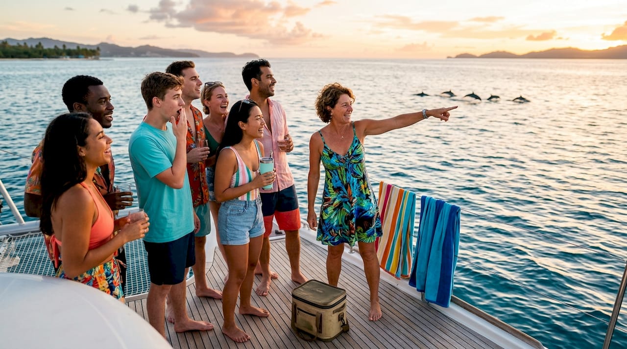 Group on boat tour listening to guide