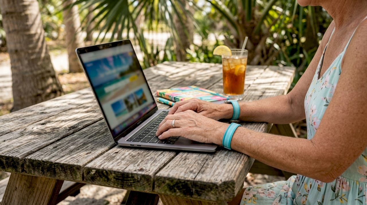 Hands typing laptop researching boat tours