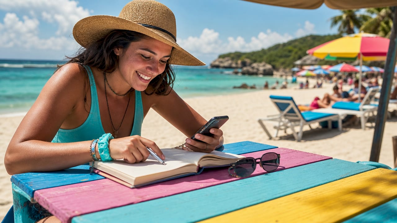 Woman planning affordable boat trip at marina café
