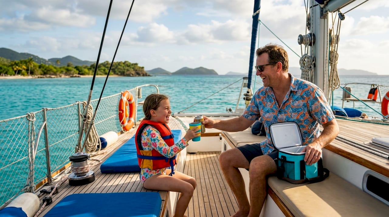 Man and girl enjoying boat trip with included snacks
