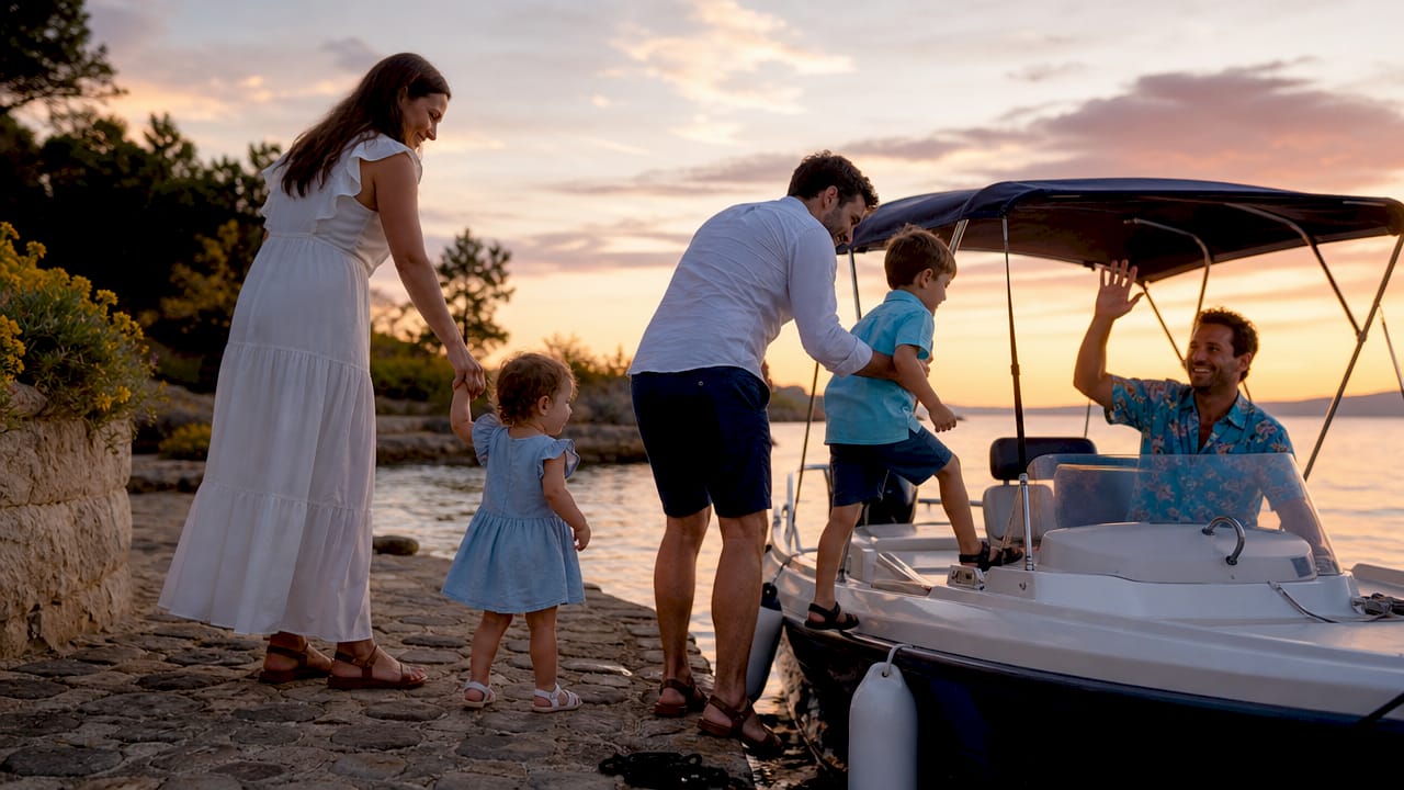 Family boarding shared boat tour at dock