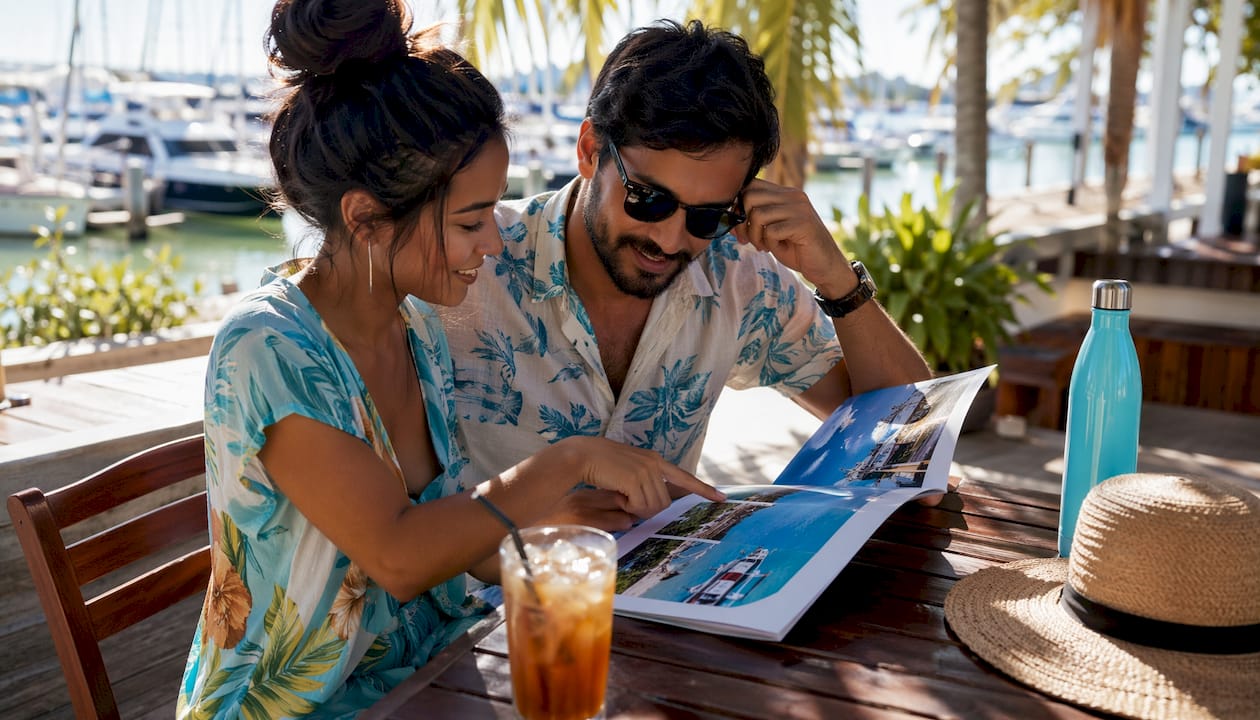 Couple planning romantic boat tour outdoors